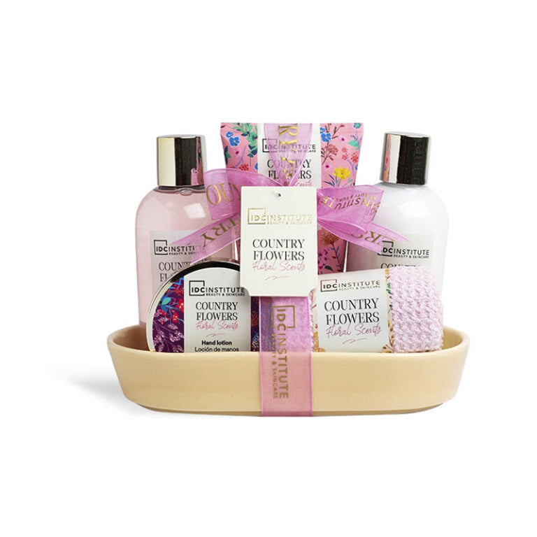 SET DA BAGNO FLOREALE 4PZ CON PIATTINO DECORATIVO “COUNTRY FLOWERS” IDC INSTITUTE