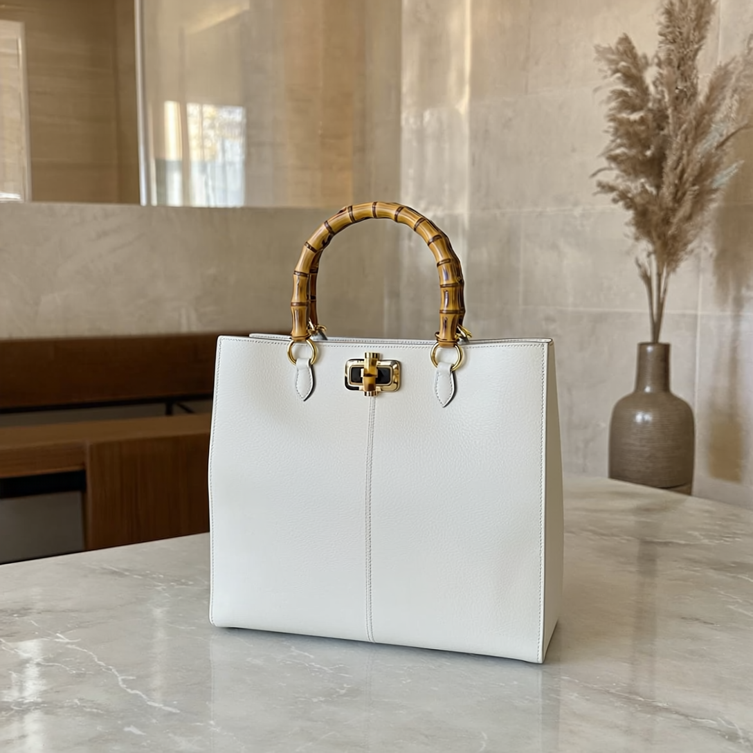 URANIA - Tote Guia's 1964 con Manico in Bamboo - Pelle di Vitello Italiana