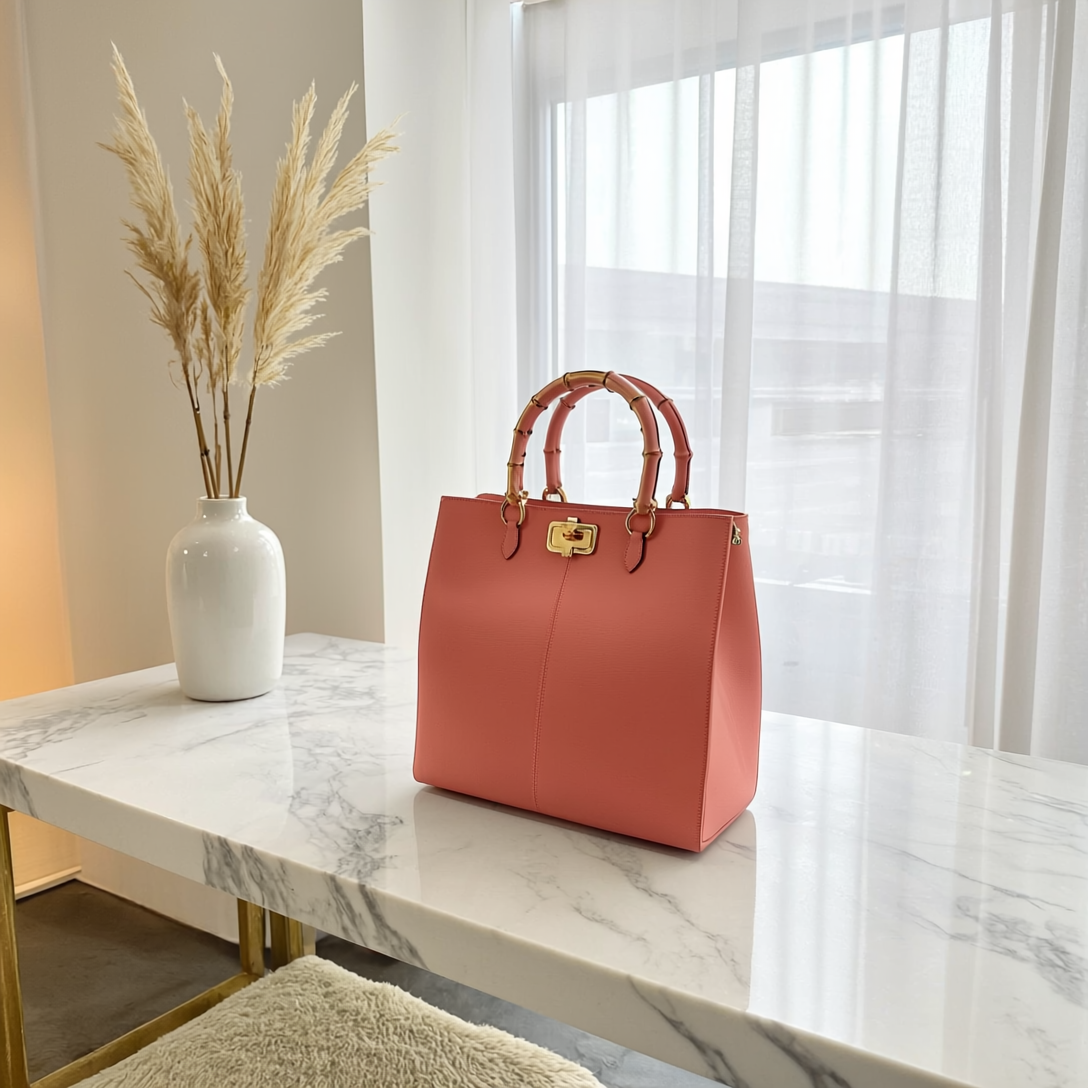 URANIA - Tote Guia's 1964 con Manico in Bamboo - Pelle di Vitello Italiana