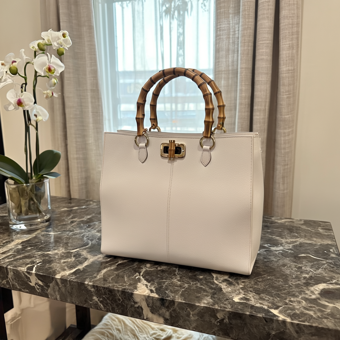 URANIA - Tote Guia's 1964 con Manico in Bamboo - Pelle di Vitello Italiana